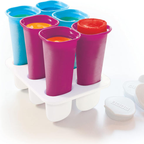 Zoku Summer Pops - 6 Squeezable Silicone Molds with Reusable Spill-resistant Lids and Tray