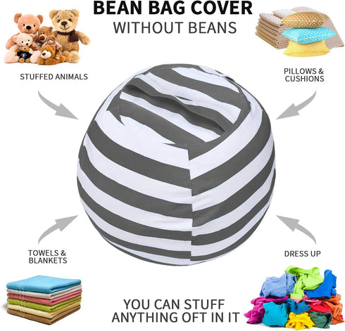 Miaowater 2 PCS Stuffed Animal Storage Bean Bag Chair Cover, Cotton Canvas with Zipper, Grey 24"