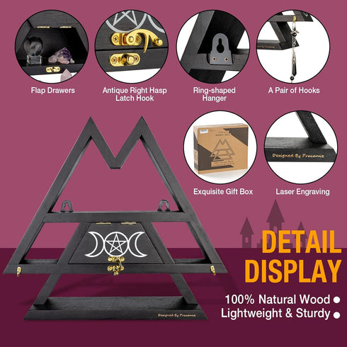 Pracaniz Crystal Shelf with Flap Drawer & Hooks for Wall & Desktop, Moon Holder as Witchy Room Decor