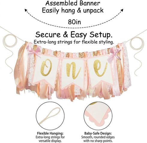 Q&High Life 1st Pre - strung Pink Highchair Banner - One Birthday Highchair Banner for Princess Girls ONE Baby Shower