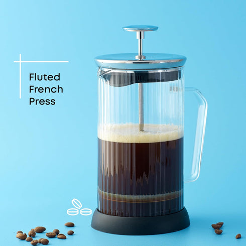 JoyJolt Fluted French Press Coffee and Tea Maker Set, 33.8oz, Stainless Steel, Borosilicate Glass, Portable