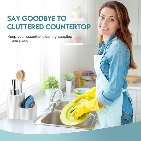 3 1 Countertop Shinowa Soap Dispenser with Sponge Holder, Marble Look Liquid Hand and Dish Soap Dispenser and Sponge