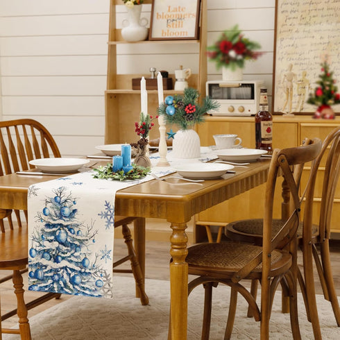 13x90 Inch Winter Trees Ball Table Runner Frosty Roses Burlap Table Runners, Christmas Xmas Seasonal Coffee Table