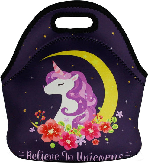 Violet Mist Cute Neoprene Lunch Bag, Insulated Tote Black Unicorn Reusable Lunch Box for Women