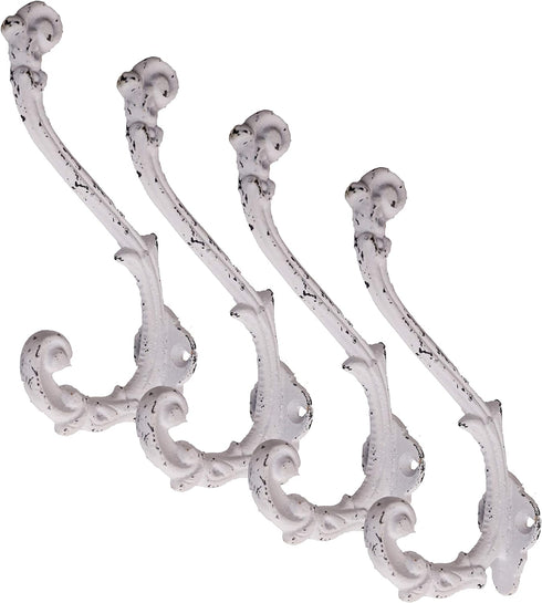 CRAFTSMAN ROAD Vintage Cast Iron Wall Hooks, Antique White Finish, Set of 4 - Rustic Coat Hooks for Coats, Bags, Towels