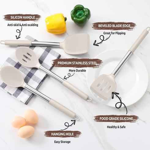 E-far Cooking Utensils Set of 4 - Silicone Kitchen Utensils for Non-stick Cookware, Heat Resistant, Khaki