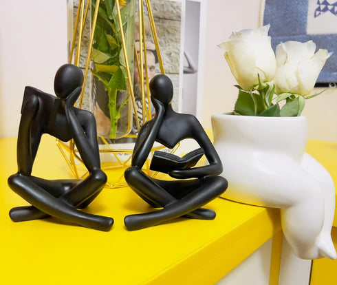 2 Set Pieces Home Decor Black Reading Thinker Statue Modern Figurines Abstract Aesthetic Sculpture Thinker Resin Statue