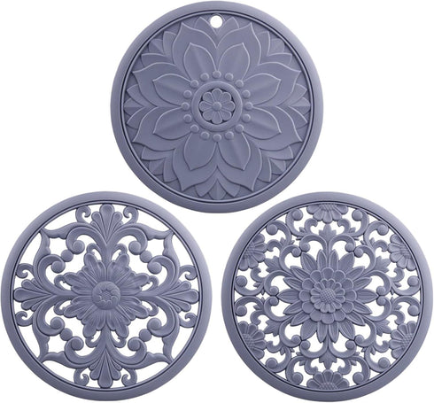 Smithcraft Trivets for Hot Dishes - Silicone Trivet Mats, Multi-use Heat Resistant Mat, Round Trivet Set of 3 Grey