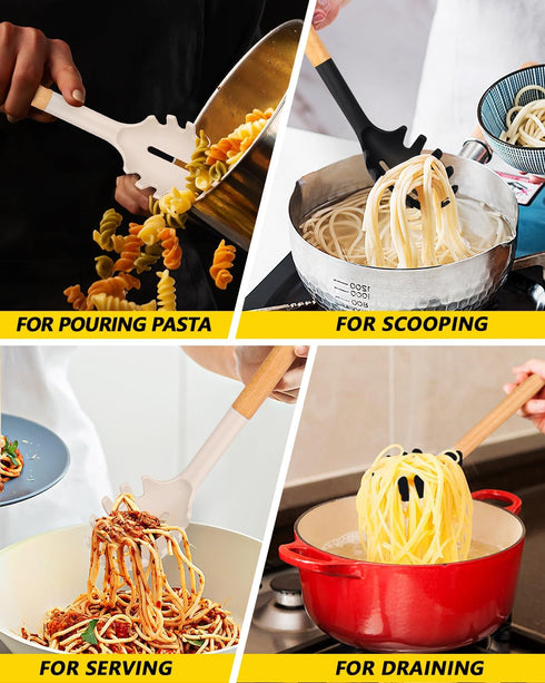 Pack 2 of Spaghetti Spoon, Silicone Pasta Fork with Wooden Handle, Heat Resistant Noodle Spoon Server, BPA Free