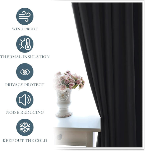 PONY DANCE Black Short Length Curtains for Kitchen, 2 Pieces, Solid Half Window Tiers, 29 x 24 inches