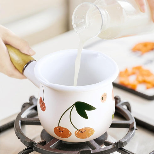 YumCute Home 4 Inch 17 Oz Enamel Milk Pot, Small Saucepan Butter Warmer with Wooden Handle for Heating Smaller Liquid