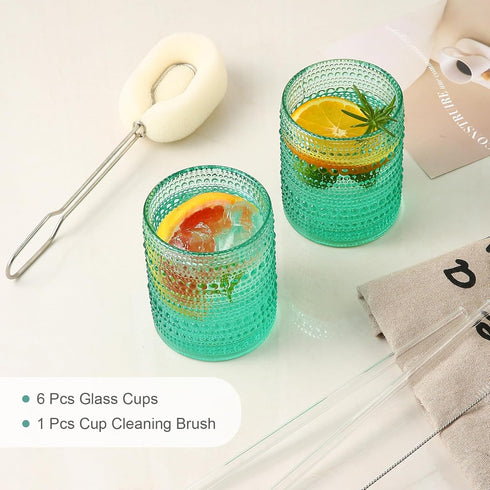 Vintage Glassware Drinking Glasses Set of 6, 12 oz Hobnail Glass Cups with 1 Cleaning Brush