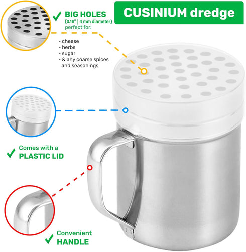 6oz CUSINIUM Metal Parmesan Cheese Shaker with Large Holes - With Handle - Chili Flakes Dispensers - Pizza Shaker |