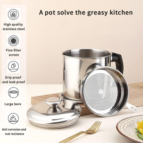 48 oz 1. Kyraton Bacon Grease Container With Strainer, Stainless Steel Oil Container, Pot Fat Storage With Lid, Easy