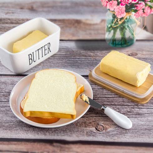 Hasense Large Butter Dish with Lid - Ceramic Airtight Butter Keeper for Countertop, Farmhouse Decor, White