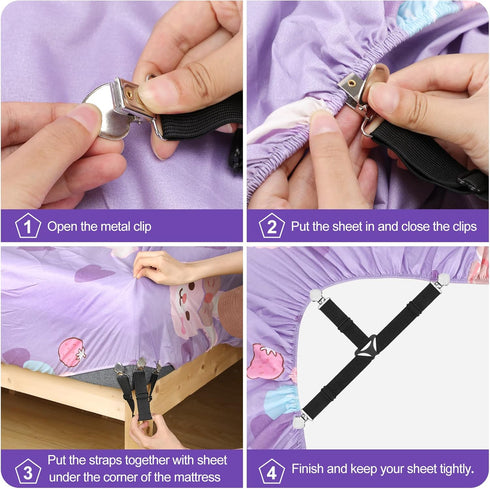 Bed Sheet Fasteners, Triangle Sheet Straps, 3 Way Fitted Bed Corner Holder, 4PCS