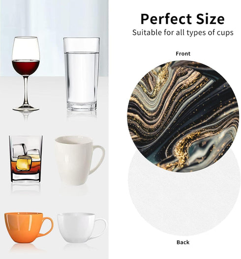 MINIOZE Set 6 Black Gold Marble Style Coasters of Coasters for Drinks Absorbent Double-Sided Leather PVC Coaster