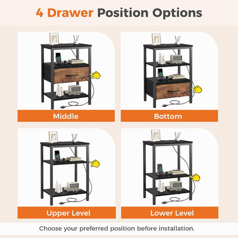 3-Tier DUMOS Bedside Table with Charging Station and Adjustable Fabric Drawer Compact Nightstand Storage Organizer End