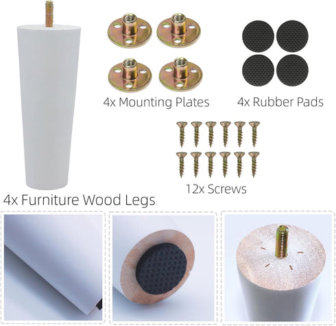 Legs(6" Set 4) WEICHUAN White Round Solid Wood Replacement Sofa Couch Chair Ottoman Loveseat Coffee Table Cabinet