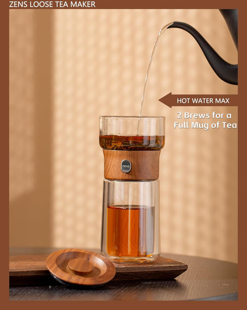 ZENS Modern Glass Infuser Teapot, One Touch Tea Maker for Loose Leaf Tea with Insulated Mug and Portable Case.