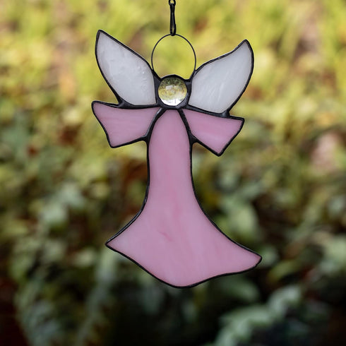 Pink Angel Stained Glass Window Hangings Tiffany Style Gift for Nurse, Memorial Remembrance Sympathy (6.3"×4.3")