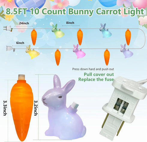 8.5ft 10 Count Easter Bunny Carrot String Lights, Connectable Plug in Rabbit Light, UL Certified Multicolor Decor