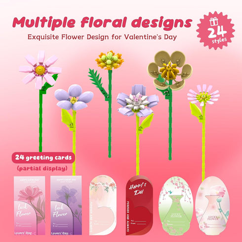 POATROZON 24Pcs Sets 8-12+ Valentine's Day Gifts Party Favor Gifts Flowers Bouquet Botanical Building Block Home Plant