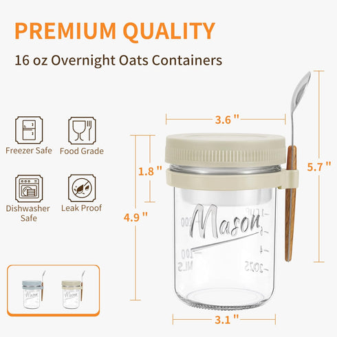 2 Pack 16 oz Xyptorix Overnight Oats Containers with Lids and Spoons, Mason Jars with Removable Separate Compartments