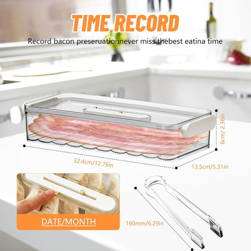 BigKing Bacon Container for Refrigerator with Tongs, Bacon Keeper Container,Lunch Meat Container for Refrigerator, BPA Free, Record Time,PET Airtight Fridge Organizers and Storage with Lids Stackable