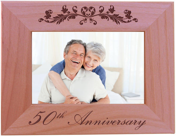 CustomGiftsNow 50th Anniversary - Engraved Natural Alder Wood Tabletop/Hanging Wedding Picture Frame (4x6-inch)