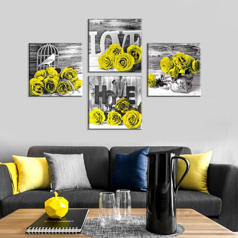 Yellow Rose Wall Pictures for Bedroom: Yellow and Grey Floral Posters, 12x12" 4Pcs, Romantic Flower Canvas Prints