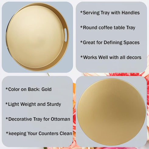 13 Round Gold Decorative Serving Tray with Handles, Versatile Ottoman Tray for Coffee Table, Entertaining, Outdoor