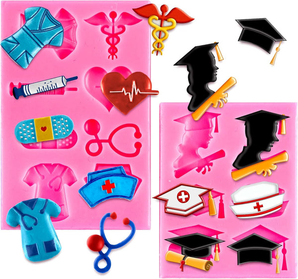Whaline 2 Pack Nurse Graduation Themed Fondant Molds Silicone Doctor Nurse Grad