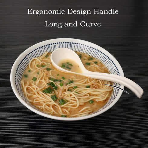 Asian Soup Spoon Set of 4, Ceramic Ramen Spoons, Long Handle for Dumpling, Pho, Noodles