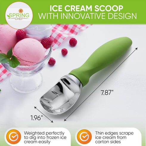 Spring Chef Green Heavy Duty Ice Cream Scoop, Non-Slip Handle, Professional Metal Kitchen Tool