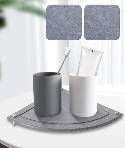 Instant Dry Corner Sink Caddy - Water Absorbing Stone Tray with 2 Coasters for Kitchen Bathroom Countertop