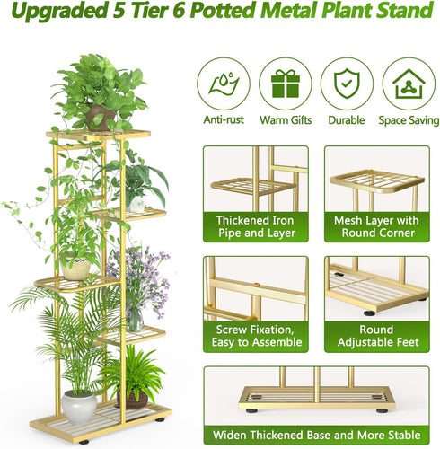 Facofaco 5 6 Tier Potted Gold Plant Stand Indoor Outdoor with Gardening Tools and Gloves, Upgraded Corner Metal Plant