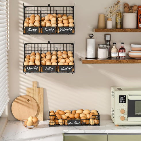 X-cosrack Countertop, 3 Countertop/Wall-Mounted Egg Holder Tier Egg Rack with Labels Dividers to Separate Eggs