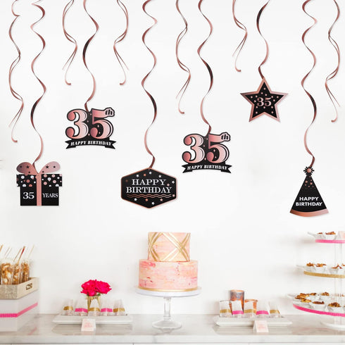LINGTEER Happy 35th Birthday Decorations, 12 Pcs Black & Rose Gold Foil Swirls Streamer Set for 35 Years Old