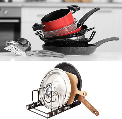 Toplife Pot Lids Organizer Rack, 7+ Pan Lids and Bakeware Holder with 7 Adjustable Compartments - Brown