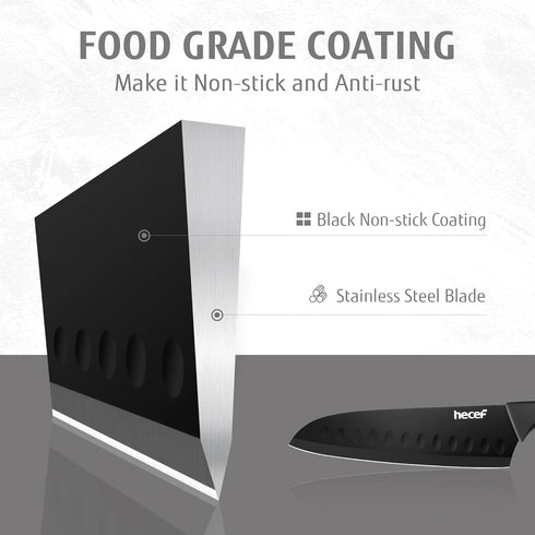 hecef Black Kitchen Knife Set of 3 - Sharp Stainless Steel Blades with Lightweight Handles, Non-Stick Coating