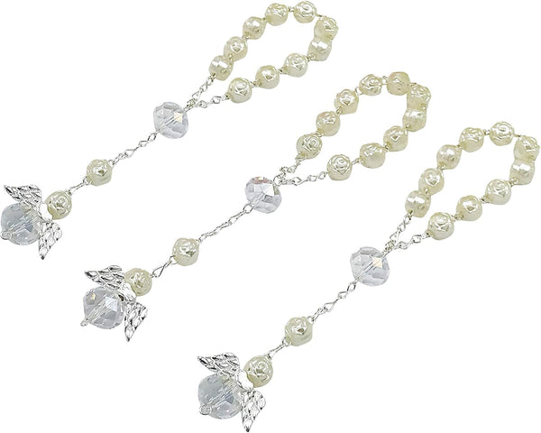 25 Pc Ivory Color Baptism Favors with Angels, Mini Rosaries, Silver Plated Acrylic Beads