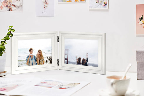 Double Horizontal White Wood Picture Frame 5x7 - 4.5x6.5 Opening Foldable Photo Frame for Landscape View