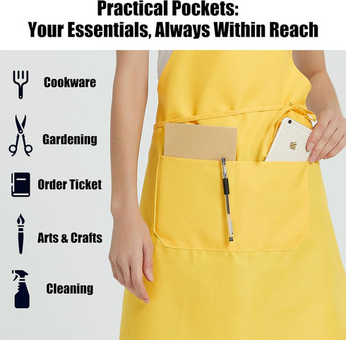NOBONDO 12 Pack 2 Bib Apron - Unisex Black Apron Bulk with Roomy Pockets Machine Washable for Kitchen Crafting BBQ