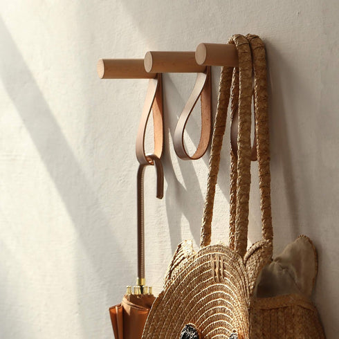 Wooden Hooks with Leather for Wall Mounted Single Hangers, Handmade Craft for Coats, Hat, Bags Rack (3pcs, Oak)