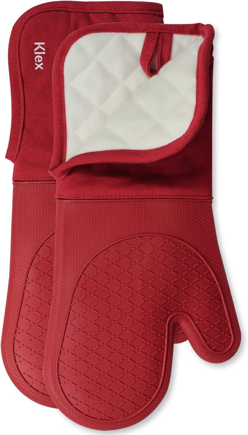 Klex Extra Long Silicone Oven Mitts, 932°F Heat Resistance with Quilted Cotton Liner, 2 Piece Set, 15 inch, Red