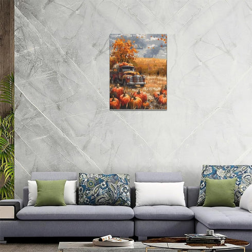 Fall Decor Wall Art, Farmhouse Autumn Pumpkins Canvas Painting Print for Home Decorations (12"x16")