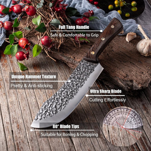 ROCOCO Butcher Knife, Hand Forged 7" Sharp Full Tang Kitchen Meat Cleaver for Home and Outdoor Cooking