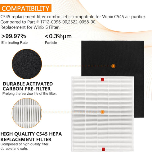 C545 H13 True HEPA Replacement Filter S by Blutoget-Fit for Winix C545 Air Purifier, 2 HEPA + 8 Carbon Filters