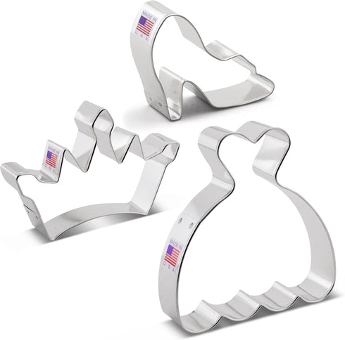 Princess Cookie Cutters Set, 3-Pc Made in USA by Ann Clark, Crown, Glass Slipper, Dress